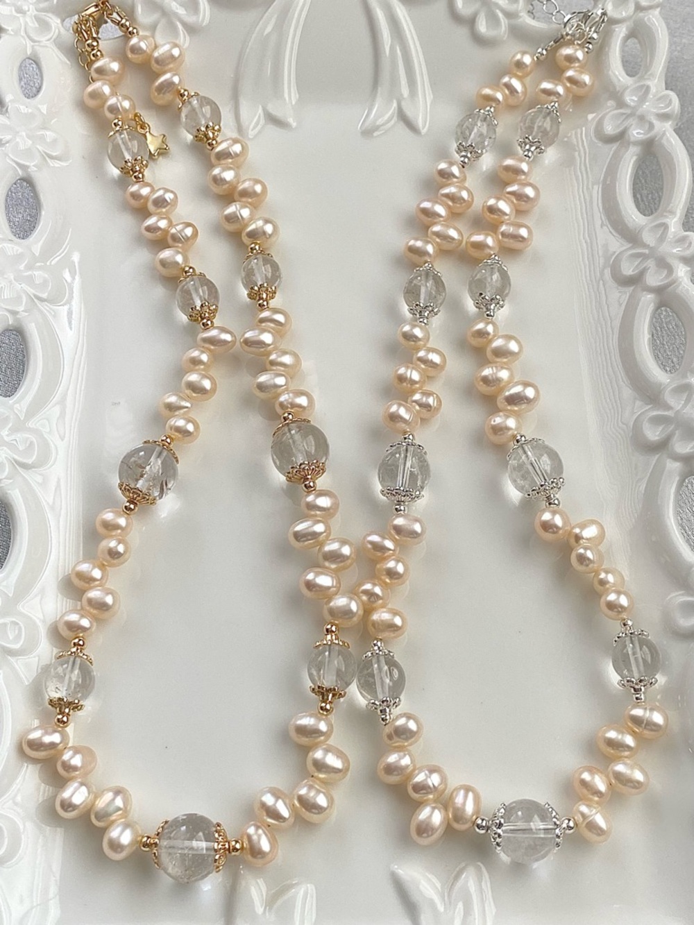 GP66-Handmade High Quality Champagne Freshwater Pearl And Clear Quartz Necklace